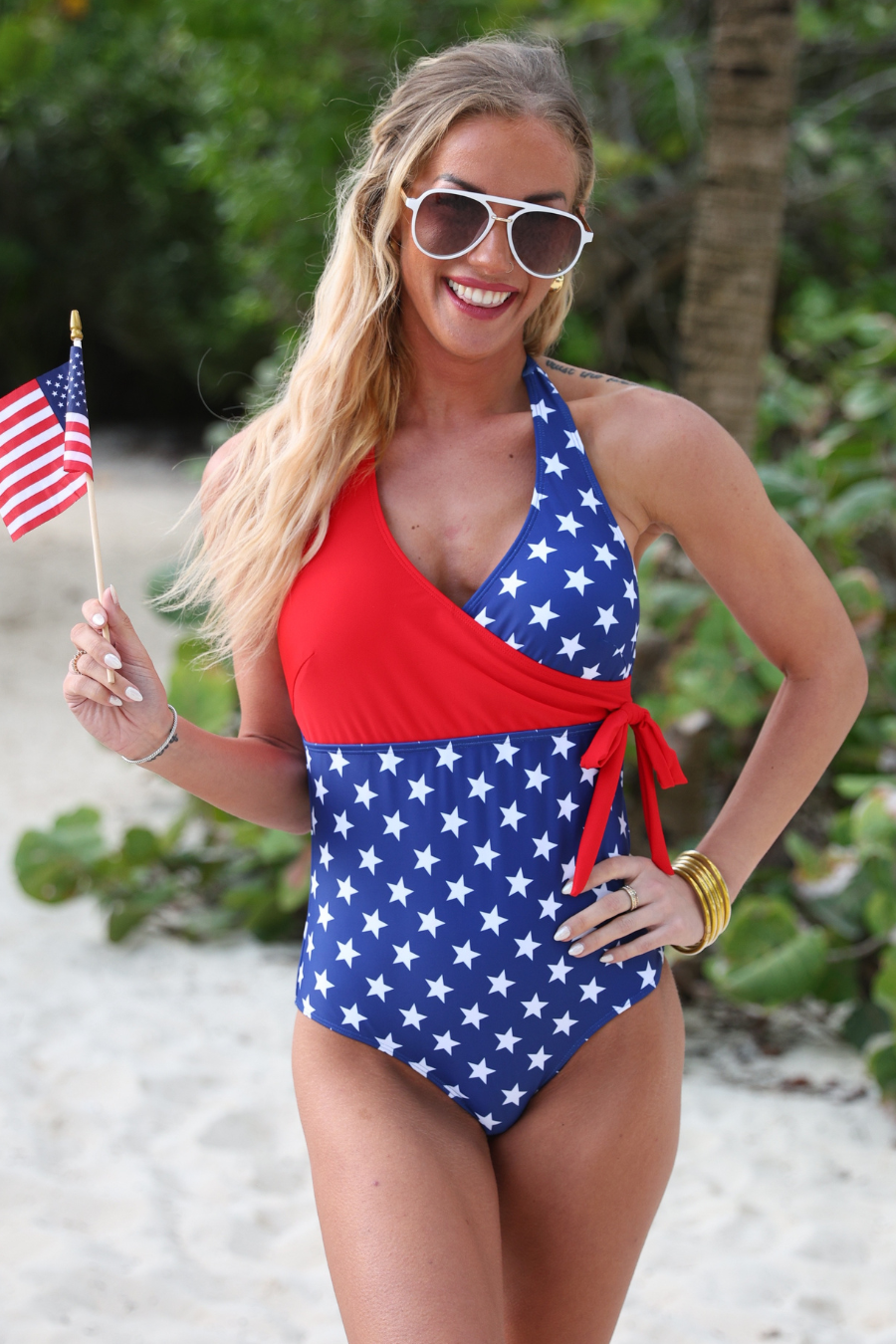 Liberty Wave Halter Swimsuit, Red/Blue - Jess Lea Boutique