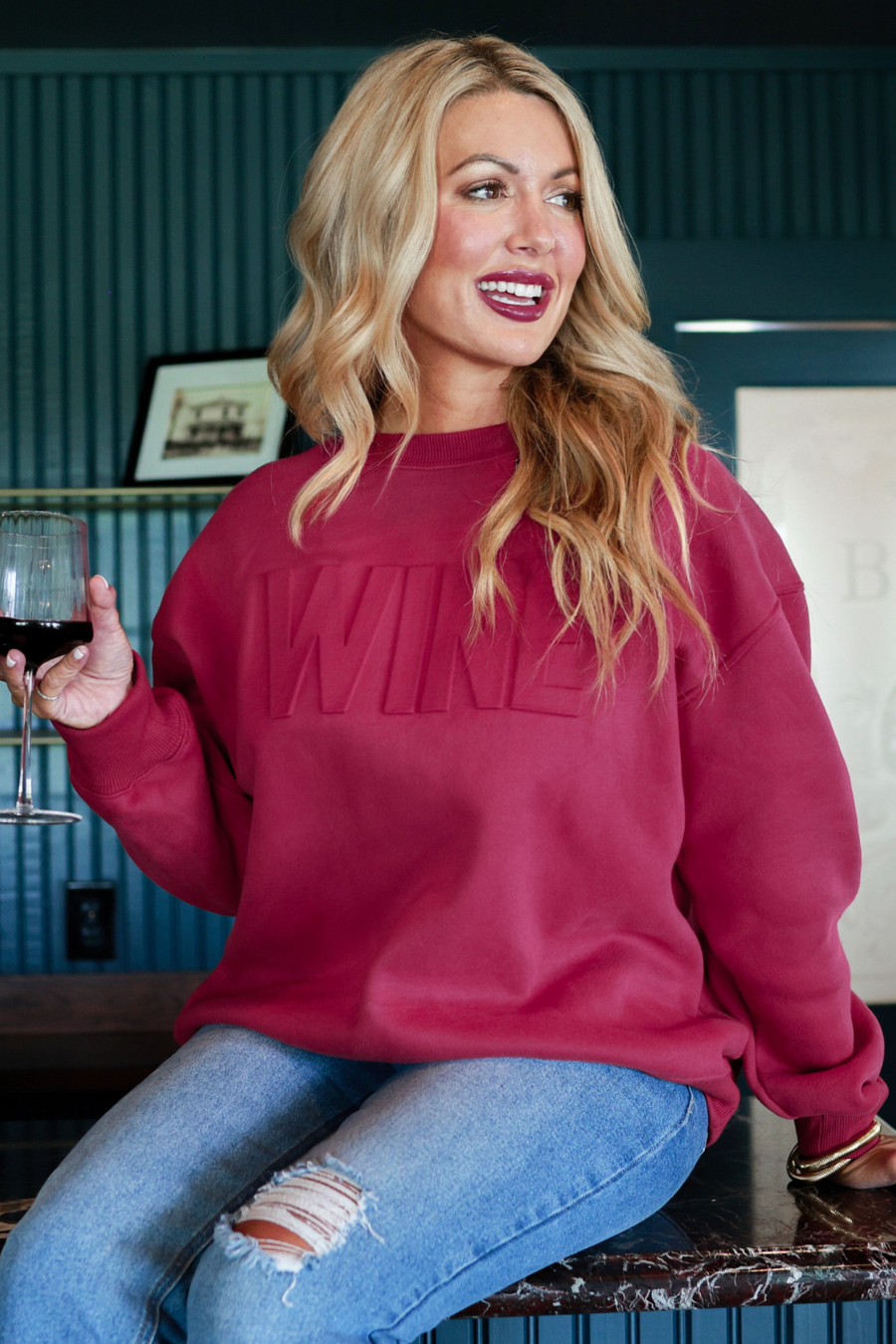 Wine Embossed Sweatshirt - Jess Lea Boutique