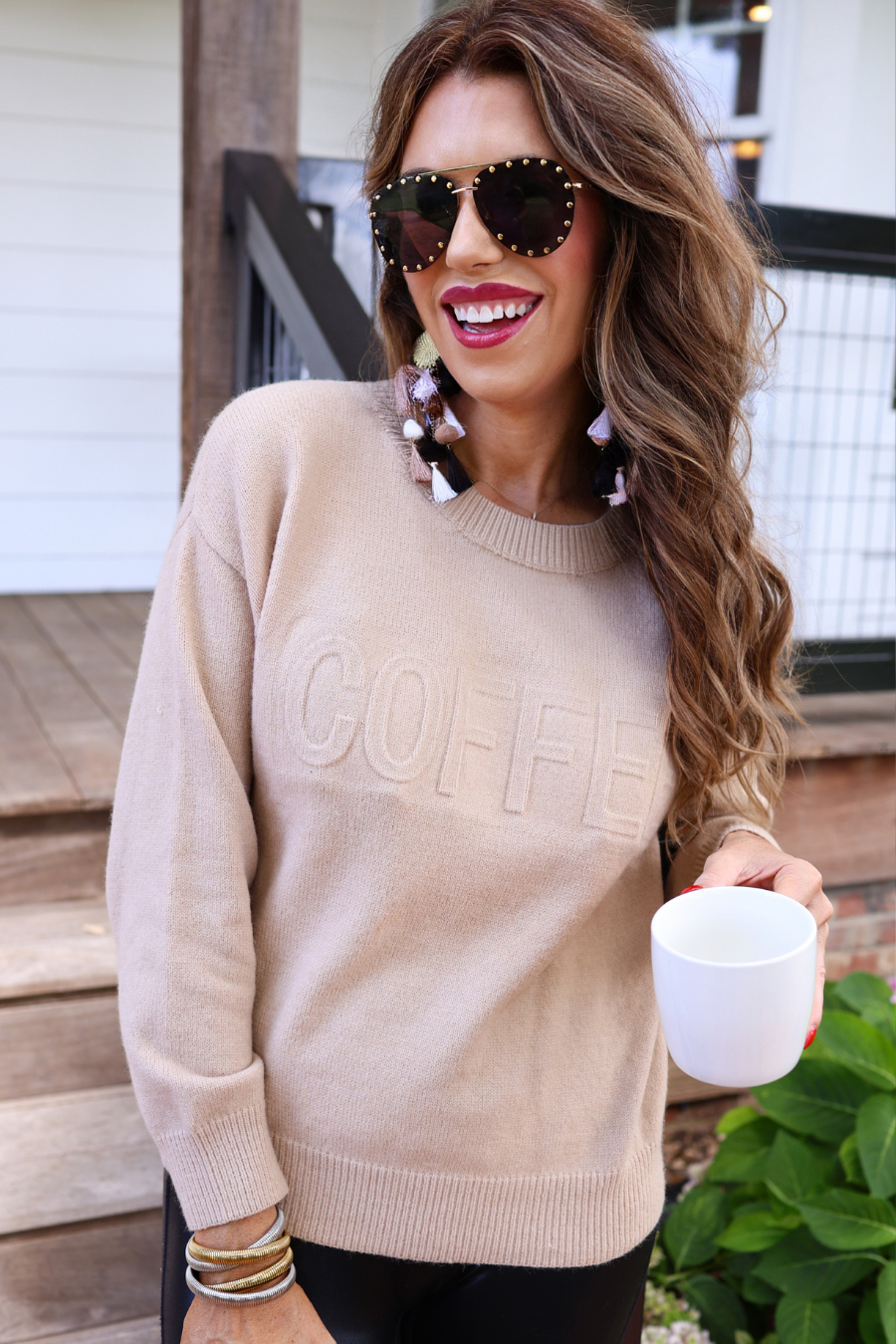 Coffee Embossed Sweater - Jess Lea Boutique