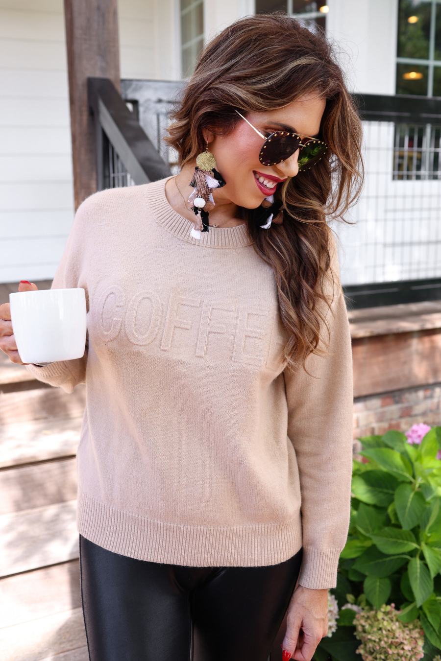 Coffee Embossed Sweater - Jess Lea Boutique