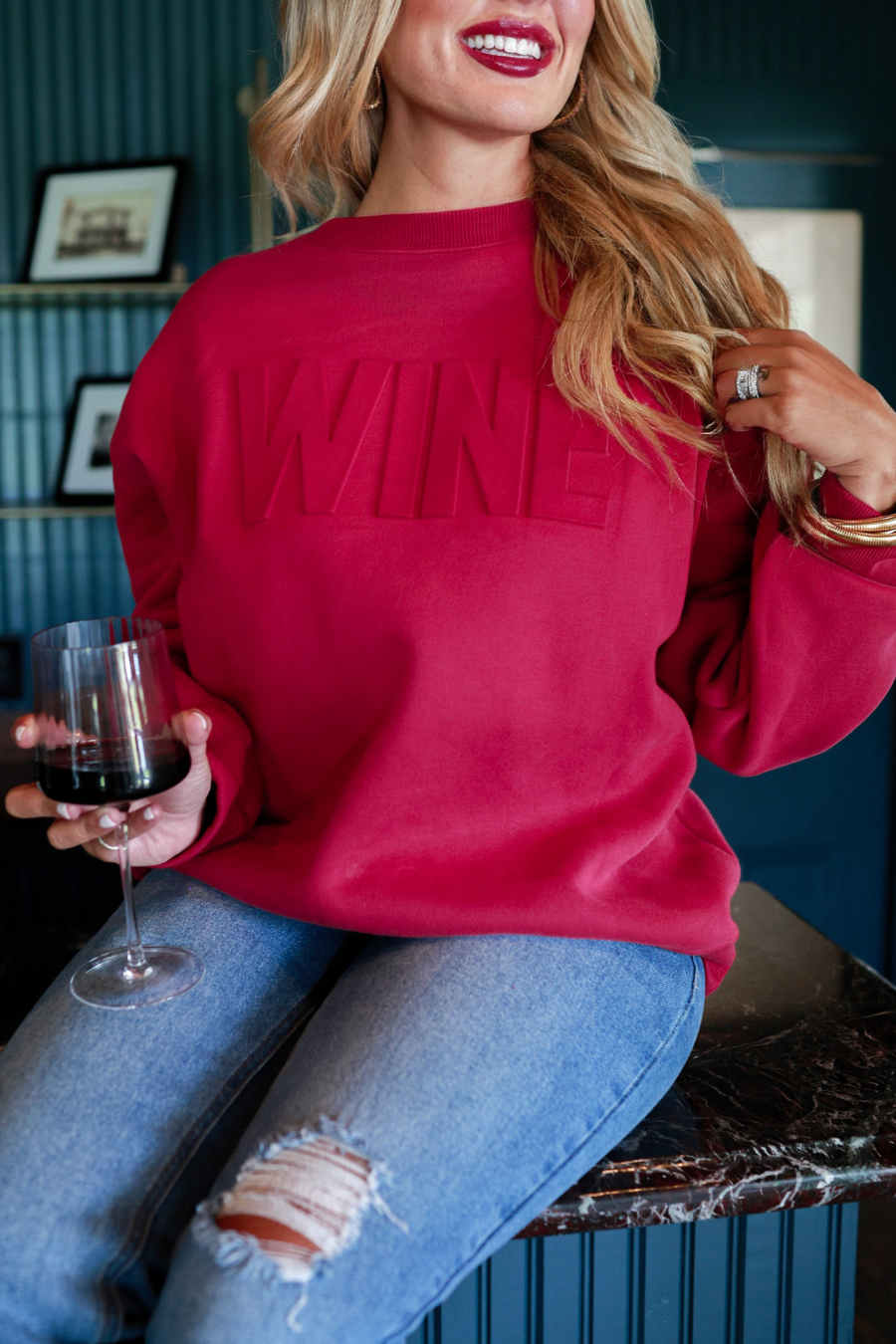 Wine Embossed Sweatshirt - Jess Lea Boutique