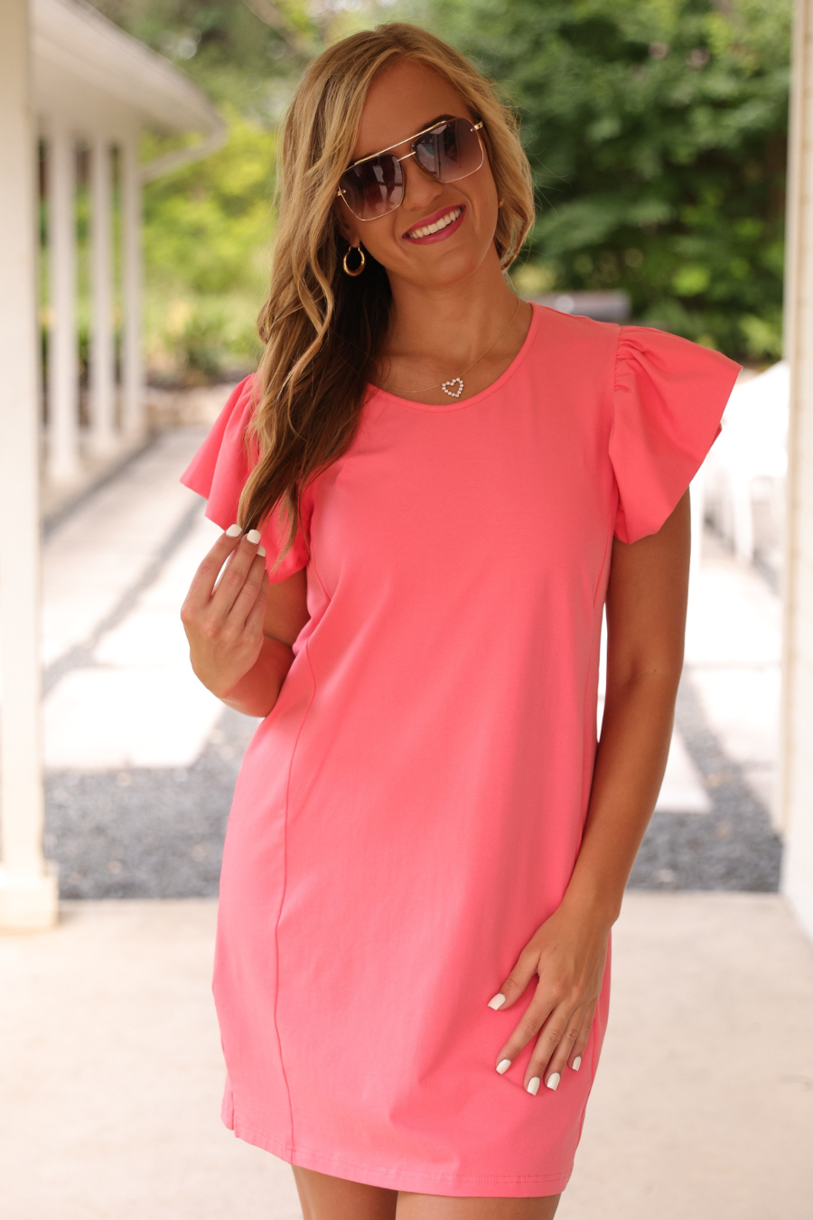 Caitlin Flutter Sleeve Dress, Coral - Jess Lea Boutique