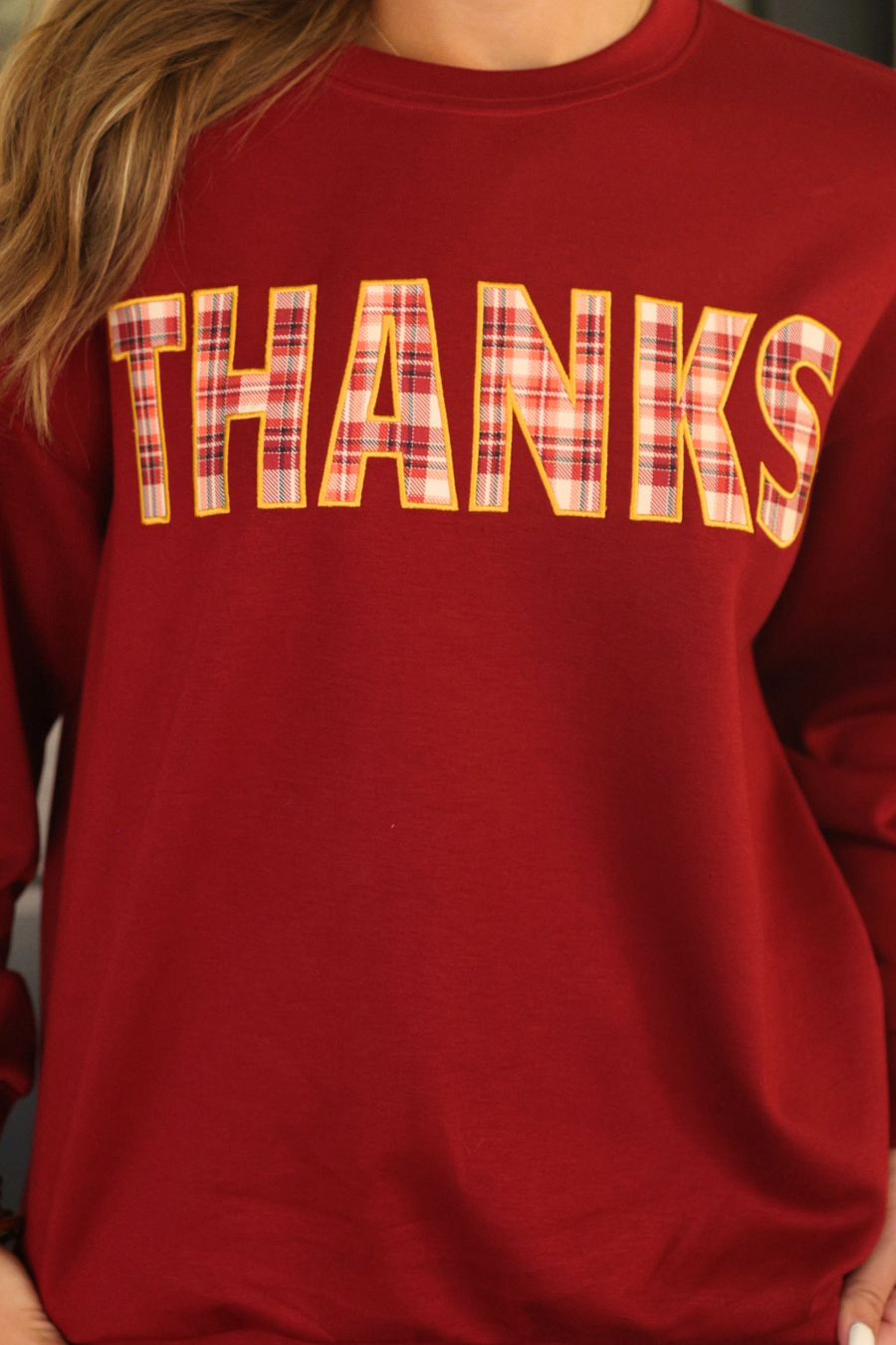 PREORDER Thanks Plaid Patch Pullover - Jess Lea Boutique
