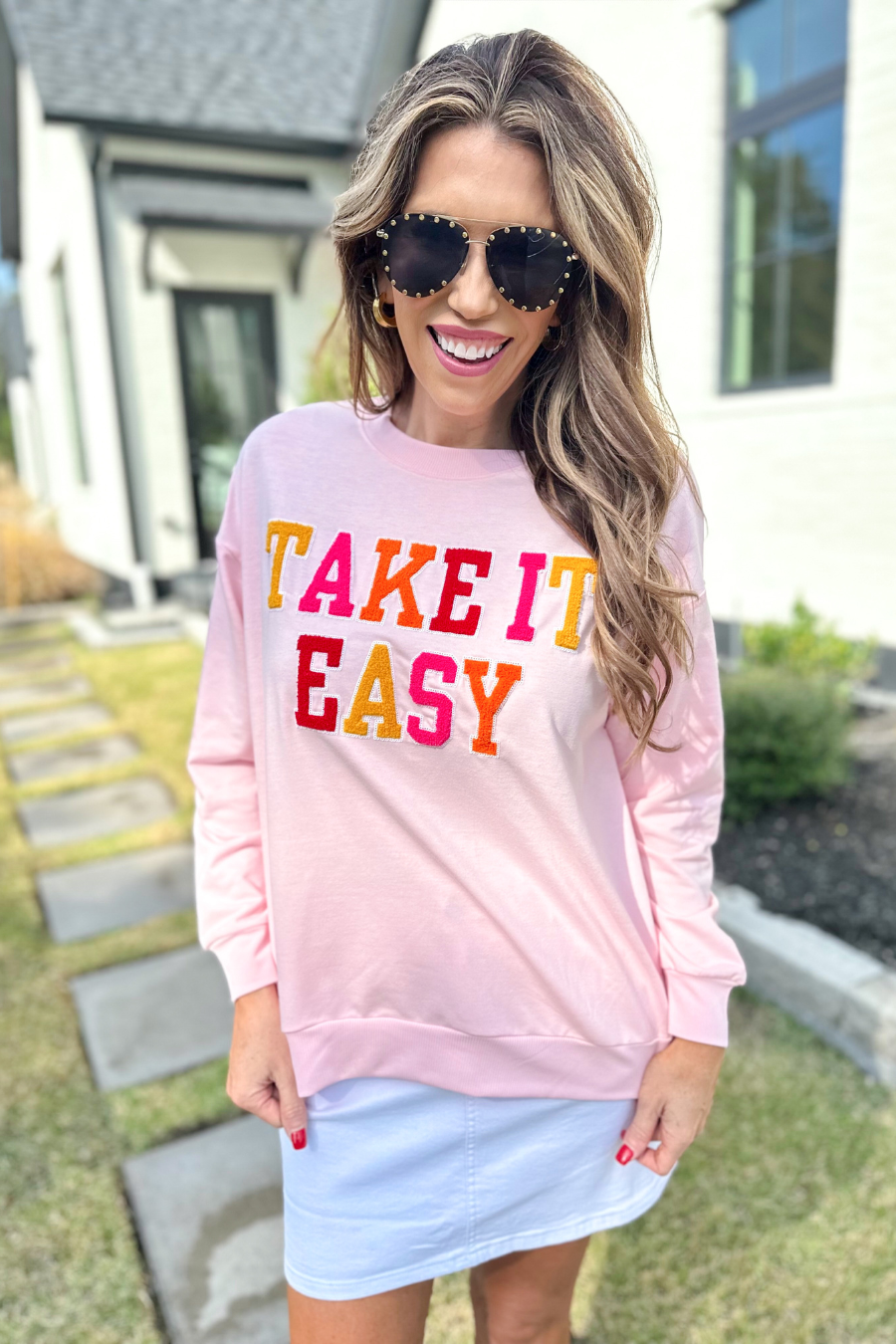 Take It Easy Patch Pullover - Jess Lea Boutique