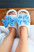 Open Toe Cozy Bow Slippers- White/Blue