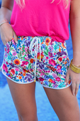 PREORDER-Fiesta Time Floral Drawstring Everyday Shorts, White - Jess Lea Boutique