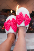 Cozy Bow Slippers- White/Hot Pink