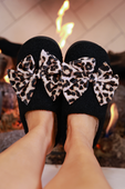 Cozy Bow Slippers- Black/Leopard