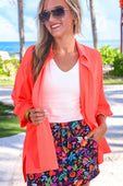 Sloane Button Up Top- Neon Coral
