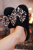Cozy Bow Slippers- Black/Leopard