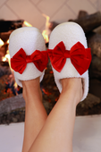 Cozy Bow Slippers- White/Red