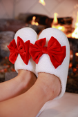 Cozy Bow Slippers- White/Red