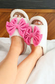 Open Toe Cozy Bow Slippers- White/Solid Pink
