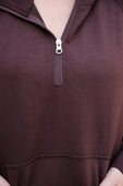 Kayla Luxe Hooded Quarter Zip Pullover- Chocolate