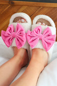 Open Toe Cozy Bow Slippers- White/Solid Pink