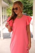 Caitlin Flutter Sleeve Dress, Coral - Jess Lea Boutique
