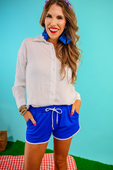 PREORDER- Blue And White Drawstring Everyday Shorts - Jess Lea Boutique