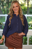 Sloane Button Up Top- Navy - Jess Lea Boutique