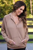 Kayla Luxe Hooded Quarter Zip Pullover- Mocha