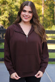 Kayla Luxe Hooded Quarter Zip Pullover- Chocolate