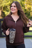 Kayla Luxe Hooded Quarter Zip Pullover- Chocolate