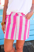 Striped Nova Denim Skirt- Neon Pink