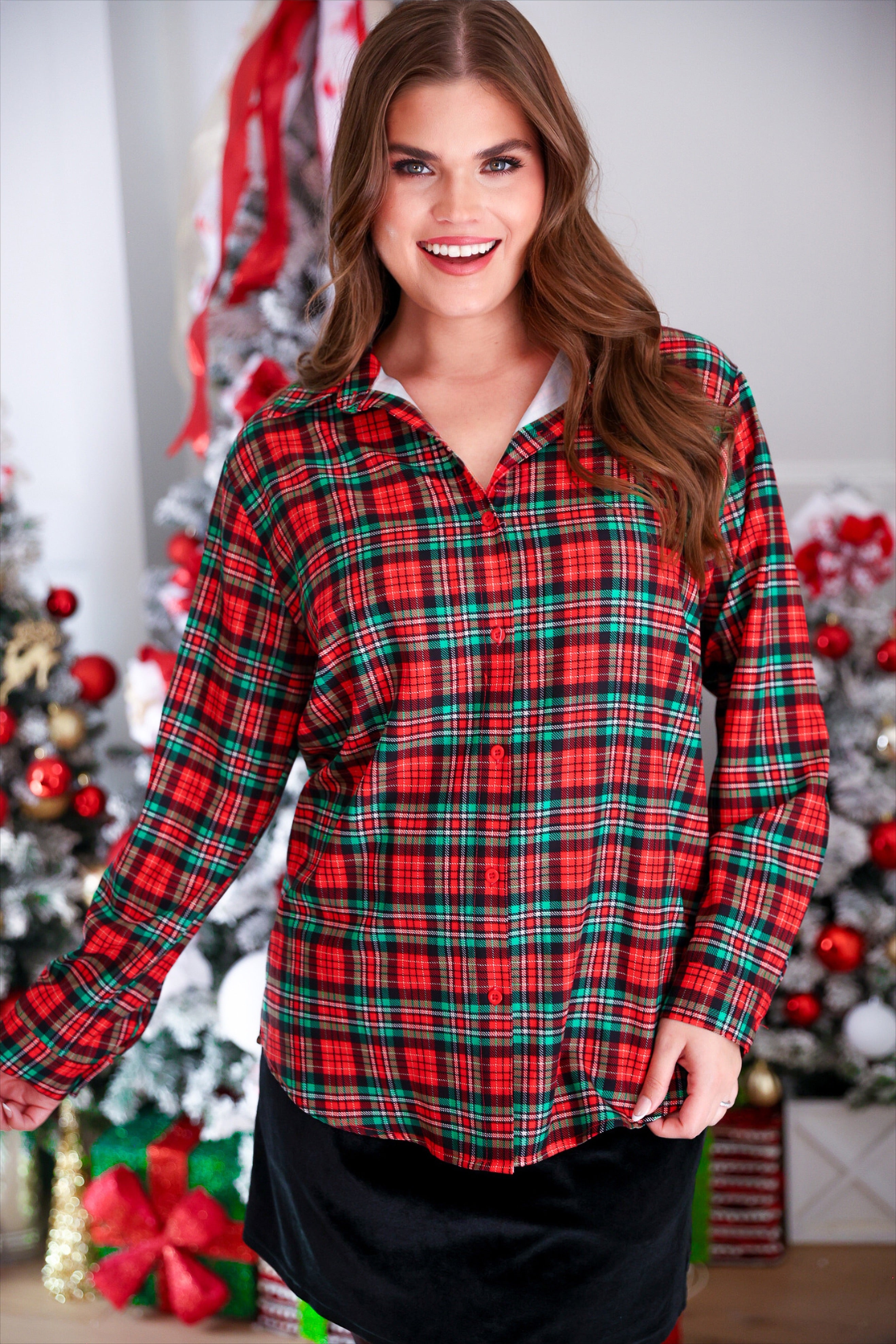 Nina Button Up Tunic- Christmas Plaid