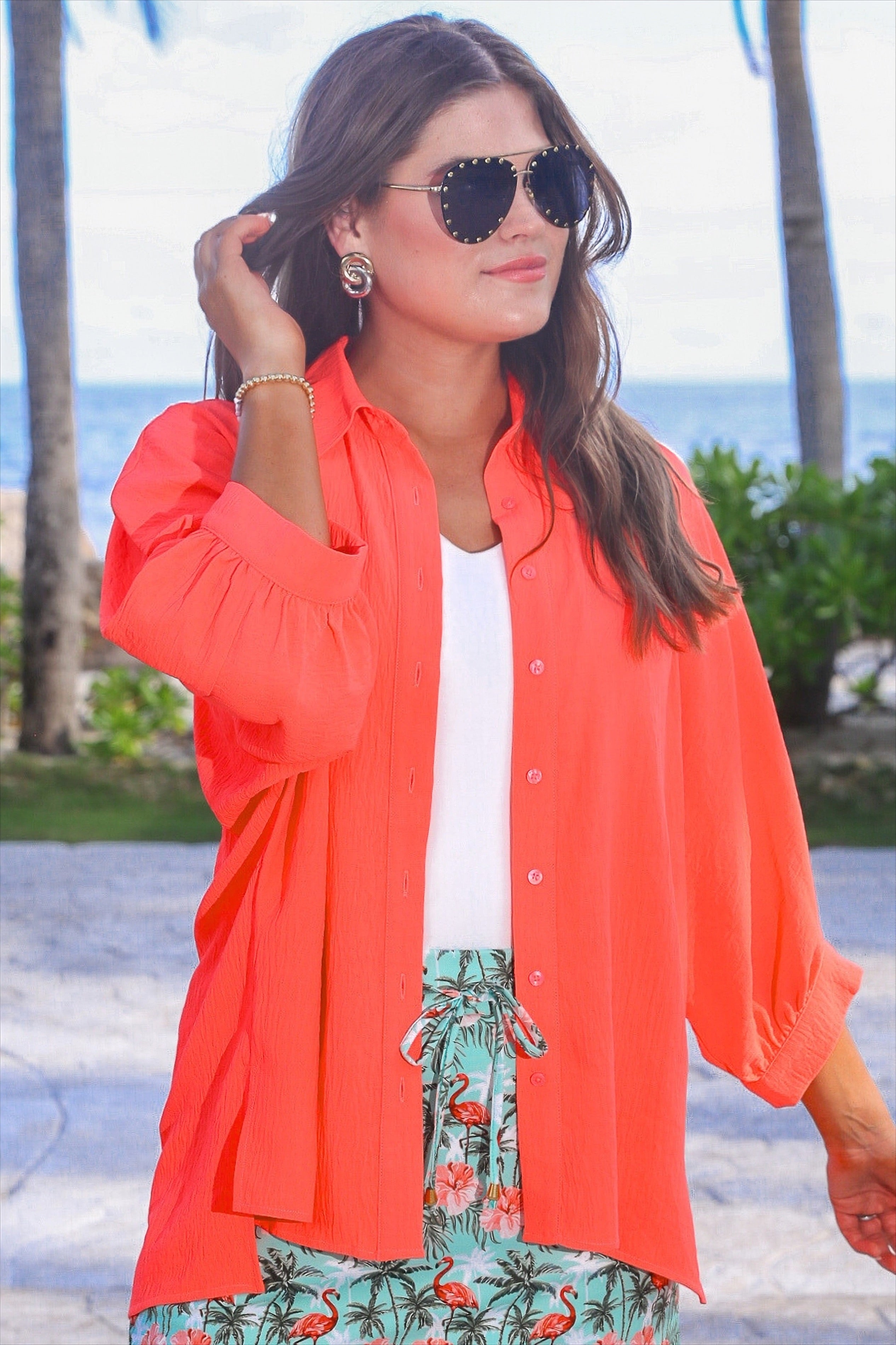 Sloane Button Up Top- Neon Coral
