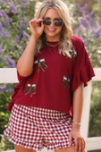 Sideline Sparkle Ruffle Top- Maroon - Jess Lea Boutique