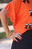 Sideline Sparkle Ruffle Top- Orange - Jess Lea Boutique
