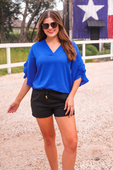 Amy Ruffle Sleeve Top, Royal Blue - Jess Lea Boutique