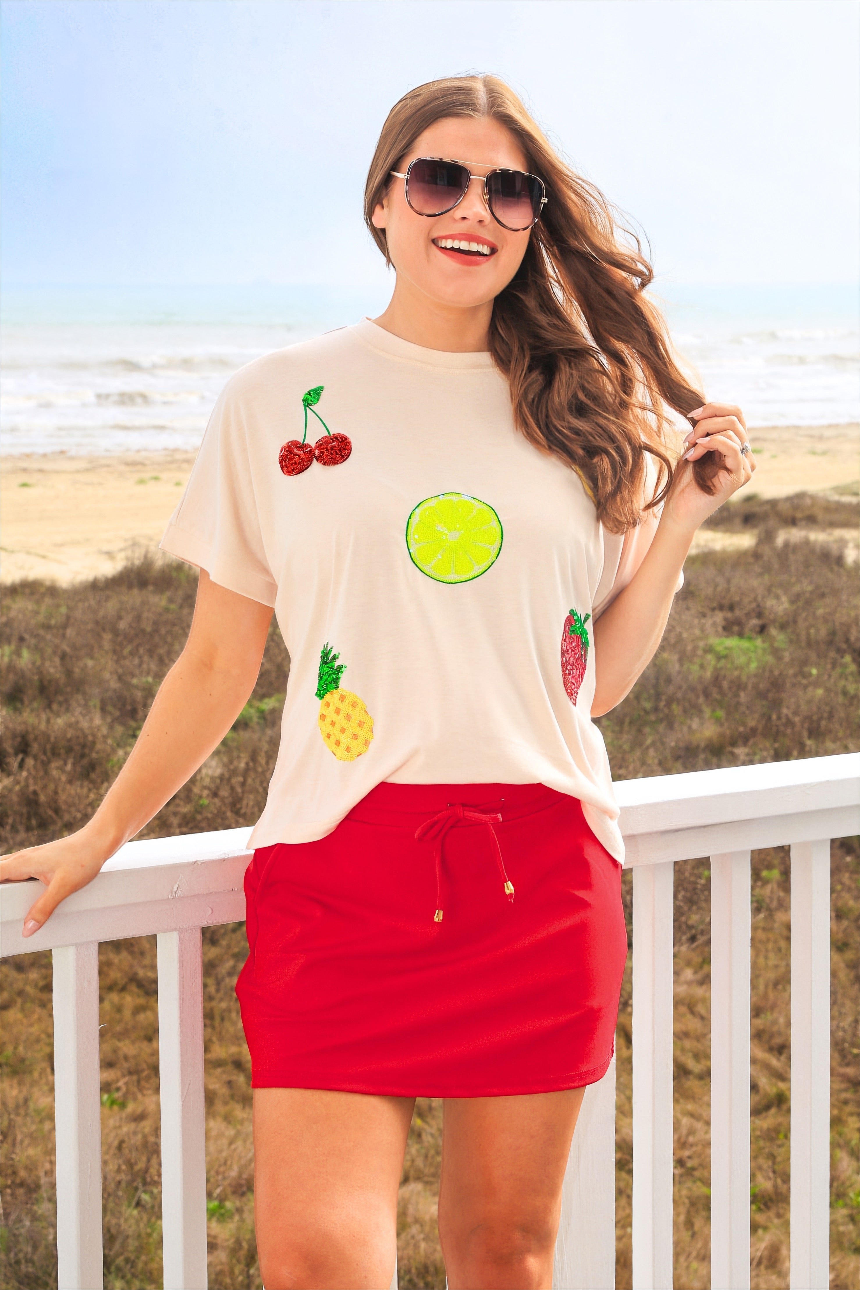 Tropical Fruit Sequin Patch Top