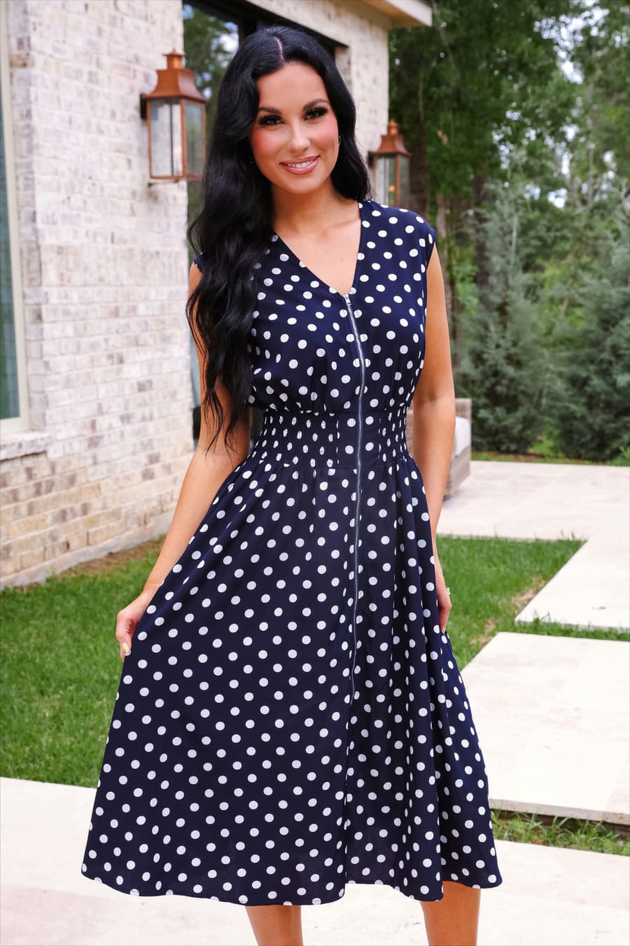 Annie Midi Zipper Dress- Navy Polka Dot - Jess Lea Boutique