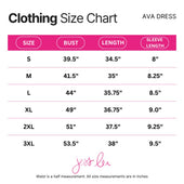 Pink and white clothing size chart for the ava dress by jess lea featuring flutter sleeves in red plaid