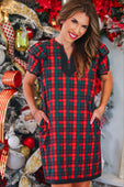 Ava dress red plaid Christmas dress with split neckline black trim short flutter sleeves and front pockets