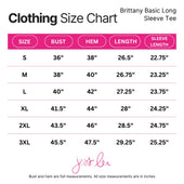 Size chart for brittany basic long sleeve emerald tee with pink headers and black text on white background