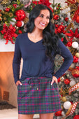 Navy brittany basic long sleeve v neck tee paired with green red navy plaid mini skirt for casual wear