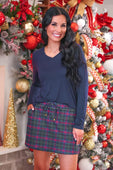 Navy brittany basic long sleeve tee with v-neck relaxed fit and subtle side ruching for casual wear