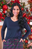 Navy brittany basic long sleeve v-neck tee made of soft stretchy ribbed fabric for comfortable everyday wear