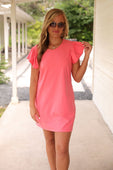 Caitlin Flutter Sleeve Dress, Coral - Jess Lea Boutique