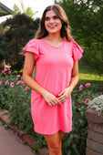Caitlin Flutter Sleeve Dress, Coral - Jess Lea Boutique