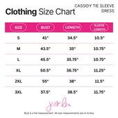 Cassidy tie sleeve dress size chart with pink header and black text for white christmas plaid style on white background