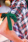 Cassidy dress white christmas plaid featuring a festive red green and white plaid fabric with gathered sleeve and emerald bow