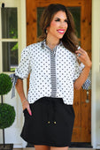 Cassidy Tie Sleeve Top- White Polka Dot/Stripes - Jess Lea Boutique