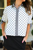 Cassidy Tie Sleeve Top- White Polka Dot/Stripes - Jess Lea Boutique