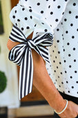 Cassidy Tie Sleeve Top- White Polka Dot/Stripes - Jess Lea Boutique