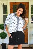 Cassidy Tie Sleeve Top- White Polka Dot/Stripes - Jess Lea Boutique