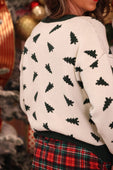 A cream-colored christmas forest knit pullover featuring black pixelated christmas trees in a cozy knit design