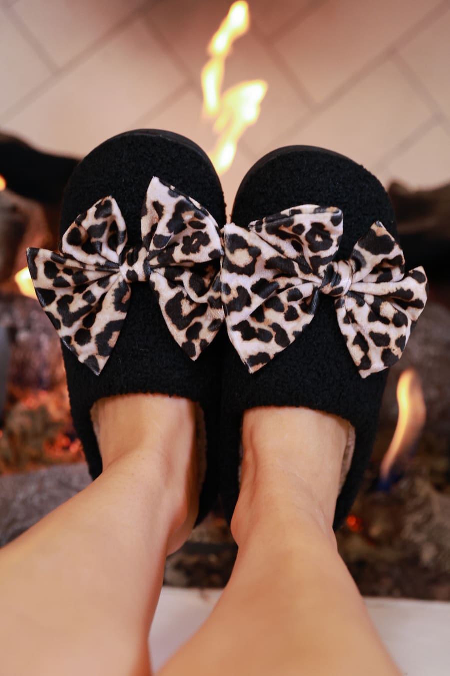 Cozy Bow Slippers- Black/Leopard - Jess Lea Boutique