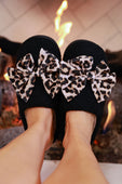 Cozy Bow Slippers- Black/Leopard - Jess Lea Boutique